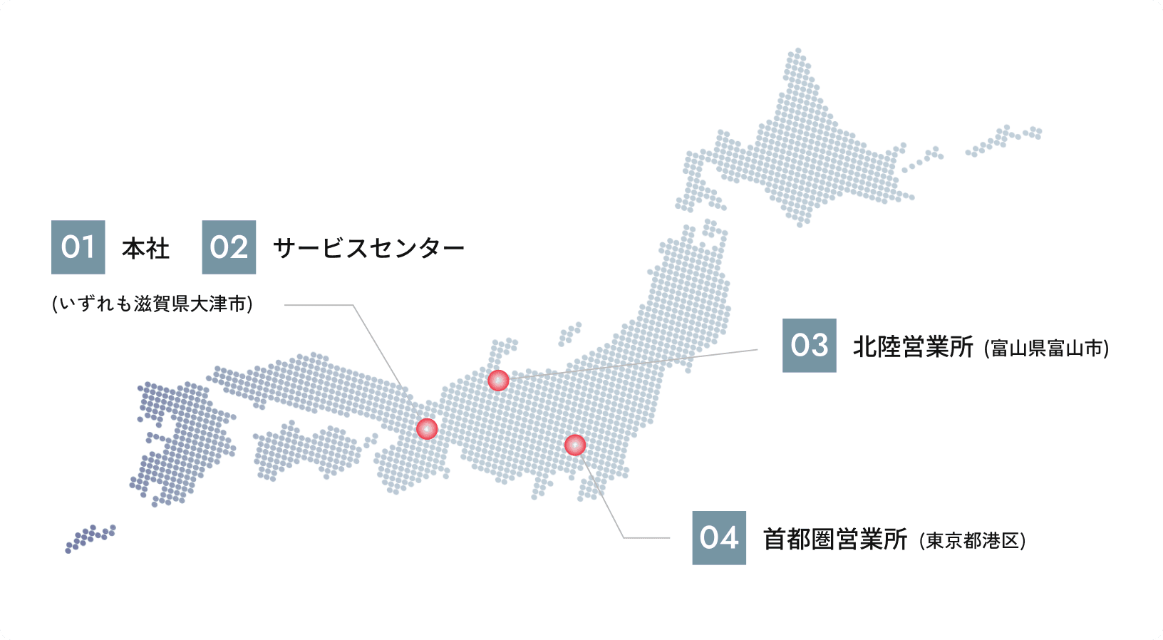 本社・サービスセンター（滋賀県大津市）／北陸営業所（富山県富山市）／首都圏営業所（東京都港区）